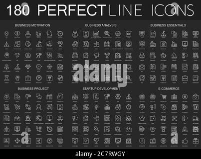 180 icônes modernes à lignes fines sur fond noir foncé. Motivation d'affaires, analyse, essentiels d'affaires, projet d'affaires, développement de démarrage, e-commerce Illustration de Vecteur