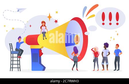 Illustration vectorielle plate de la campagne de marketing. Gestion des relations publiques et publicité. Annonce, concept de diffusion. Les grands haut-parleurs et les personnages du marketing s'en font une équipe isolée sur fond blanc Illustration de Vecteur