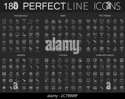 180 icônes modernes à lignes fines sur fond noir foncé. Maison, bébé, ami d'animal de compagnie, jardin, cuisine, appareils ménagers Illustration de Vecteur