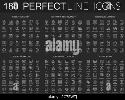 180 icônes modernes à lignes fines sur fond noir foncé. Cyber-sécurité, technologie de réseau, développement Web, marketing numérique, appareils électroniques, modélisation 3d isolée Illustration de Vecteur