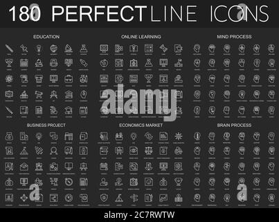 180 icônes modernes à lignes fines sur fond noir foncé. Éducation, apprentissage en ligne, processus mental, projet d'affaires, marché économique, processus cérébral isolé Illustration de Vecteur