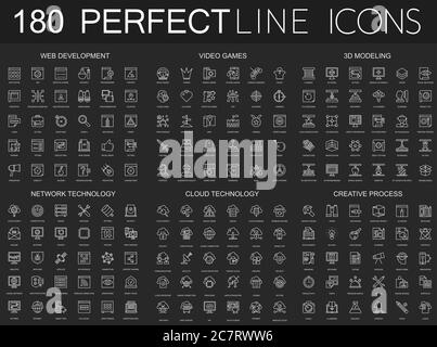 180 icônes modernes à lignes fines sur fond noir foncé. Développement Web, jeux vidéo, modélisation 3d, technologie réseau, technologie de données cloud, processus créatif isolé Illustration de Vecteur