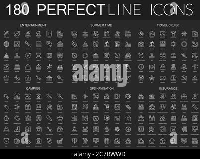 180 icônes modernes à lignes fines sur fond noir foncé. Divertissement, heure d'été, croisière de voyage, camping, navigation gps, assurance Illustration de Vecteur