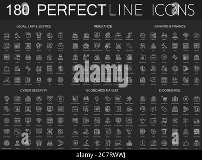 180 icônes modernes à lignes fines sur fond noir foncé. Juridique, droit et justice, assurance, finance bancaire, cybersécurité, économie de marché, commerce électronique Illustration de Vecteur