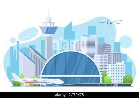 Illustration vectorielle plate extérieure de l'aéroport. Avions, bâtiment futuriste avec tour et gratte-ciel. Façade moderne. Ville, infrastructure de métropole, contrôle de la circulation aérienne. Architecture urbaine Illustration de Vecteur