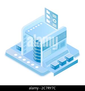 Illustration vectorielle isométrique de la technologie Big Data. Centre de données. Mainframe et technologie de stockage de l'information. Station de travail, domaine. Hébergement et serveur. Elément de conception de dessin animé de base de données Illustration de Vecteur