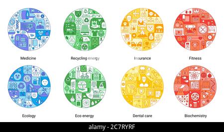 Concept de ligne plate de couleur ronde de la médecine, recyclage de l'énergie, assurance, fitness, écologie, énergie écologique, soins dentaires, biochimie. Icônes vectorielles vintage pour la couverture, l'emblème, l'insigne, les affiches de prospectus Illustration de Vecteur