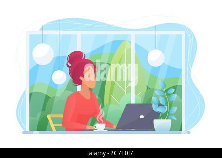 Femme avec ordinateur portable dans un café illustration vectorielle plate. Personnage féminin sans visage avec ordinateur travaillant à la maison. Étudiant avec ultrabook dans un café. Fille faisant un travail à distance. Travailleur indépendant Illustration de Vecteur