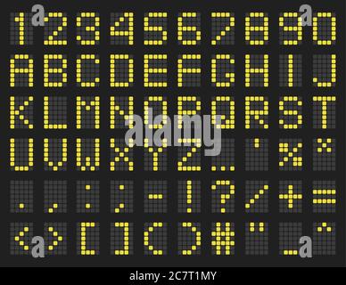 Modèle d'alphabet vert pour les horaires. Affichage LED lettres majuscules, chiffres et symboles. Police numérique vectorielle. Police de type de programme AirPort. Jeu de caractères du tableau de bord numérique. Jeu de figures de carte électronique Illustration de Vecteur