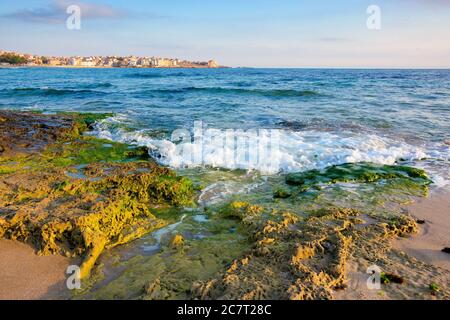 plage de sable avec rochers. matin ensoleillé dans la station. vague apporte des algues sur les pierres sur la rive. magnifique paysage de vacances d'été avec le clo Banque D'Images