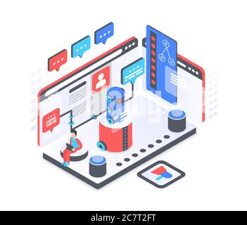 Illustration vectorielle isométrique du service de robot de chat. Assistant virtuel. Assistance et consultation ai. Service client, bavardage. Machine numérique pour le dialogue. Élément de conception de dessin animé Chatbot Illustration de Vecteur