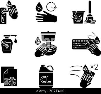 Icônes de glyphe noir d'assainissement définies sur un espace blanc. Lingettes antibactériennes et désinfectants. Symboles de désinfection intérieure, silhouette d'entretien ménager. Hygiène Illustration de Vecteur