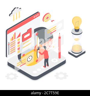 Illustration vectorielle isométrique de gestion du temps efficace. Planification des projets pour respecter l'échéance. Productivité et multitâche. Indicateur de calendrier. Élément de conception de dessin animé de plate-forme virtuelle Illustration de Vecteur