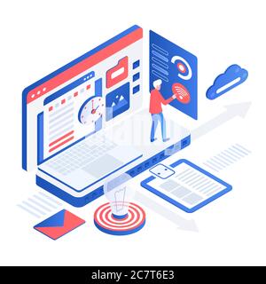 Illustration vectorielle isométrique efficace pour l'espace de travail. Organisation du lieu de travail virtuel. L'employé analyse les informations en ligne. Performance du système de contrôle MAN. Élément de conception de dessin animé de gestion Illustration de Vecteur