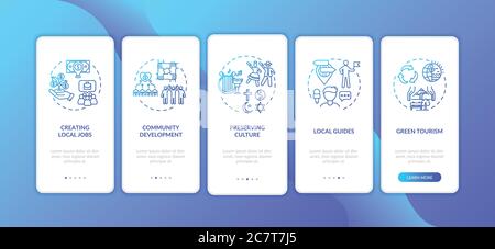 Avantages de l'intégration du tourisme local écran de la page d'application mobile avec des concepts. Développement du tourisme vert. Parcourez les 5 étapes des instructions graphiques. vec UI Illustration de Vecteur