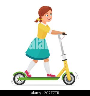 Petite fille mignonne sur le scooter électrique illustration vectorielle plate. Personnage enfant féminin, véhicule urbain écologique. Enfant fille utilisant un transporteur personnel urbain isolé. Enfance active. Illustration de Vecteur