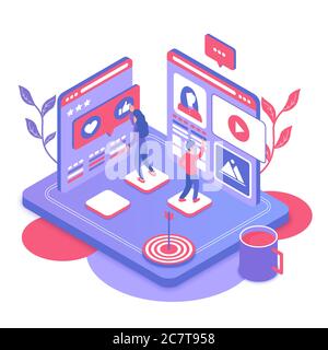 Illustration vectorielle isométrique de marketing sur les médias sociaux. Plate-forme numérique en ligne pour blogueurs féminins et masculins. Publicité sur Internet avec agence professionnelle. Élément de conception de dessin animé SMM Illustration de Vecteur