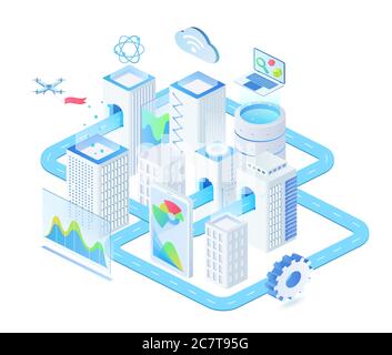 Technologies numériques illustration vectorielle isométrique. Gestion industrielle et innovante de la ville. Groupe futuriste. Connexion et infrastructure urbaine. Élément de conception de dessin animé de ville intelligente Illustration de Vecteur