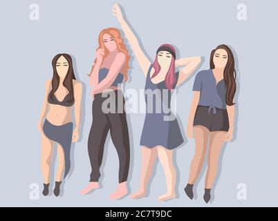 Un groupe d'amis posant. Vue avant des positions debout des femmes. Quatre personnages de fille portant des tenues d'été. Illustration de Vecteur