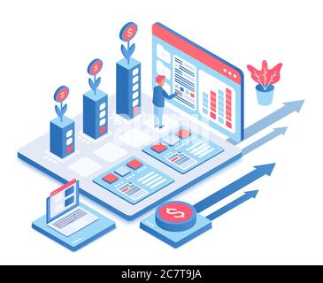 Illustration isométrique de votre croissance d'entreprise. Les hommes d'affaires augmentent leurs ventes. Investissement, commerce. Augmentation des revenus. Plate-forme virtuelle pour la banque. Promotion en ligne dessin animé élément de conception conceptuelle Illustration de Vecteur