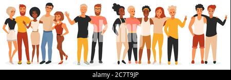 Illustration vectorielle amis. Caricature plate jeune homme femme personnages de différentes races debout dans la rangée ensemble, foule d'amis personnes groupe souriant et embrassant, Union d'amitié isolée sur blanc Illustration de Vecteur