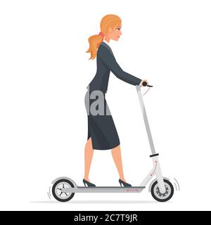 Femme d'affaires en costume habillé sur scooter électrique vecteur plat illustration. Personnage de dessin animé Office féminin, véhicule urbain écologique. Fille blonde utilisant un transporteur personnel urbain isolé Illustration de Vecteur