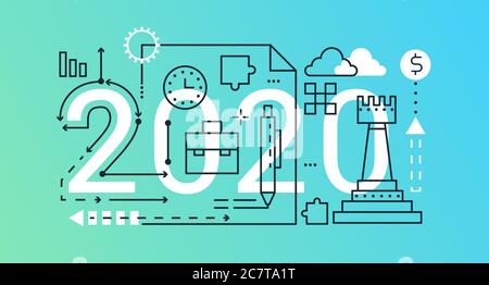 Illustration du vecteur de concept de ligne mince d'entreprise. Interface de site Web conception linéaire créative avec 2020 mots plats abstraits, symboles de la stratégie d'entreprise, processus de développement, planification d'investissement Illustration de Vecteur