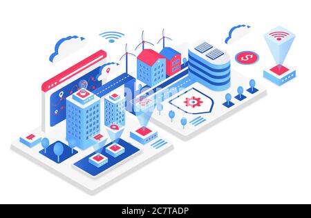 Illustration vectorielle isométrique Smart City. Paysage urbain virtuel blanc. Internet des objets et DE L'INFORMATIQUE. Communication et infrastructure futuristes. Élément de conception de dessins animés de technologie innovante Illustration de Vecteur