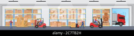 Illustration du vecteur de service logistique d'entrepôt. Cartoon travailleur à plat travaillant dans l'intérieur de stockage, conduisant le chariot élévateur de chargeur pour charger la boîte et le conteneur dans la palette, arrière-plan de bâtiment de magasin Illustration de Vecteur