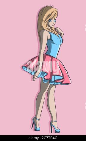 Kawaii anime ballerina portant des talons hauts et un tutu rose. Manga blonde fille avec une robe bleue. Illustration de Vecteur