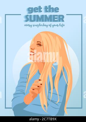 Concept de couverture de magazine avec devis pour les vacances d'été. Femme blonde dans une chemise bleue souriante et relaxante Illustration de Vecteur
