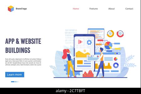Application et sites Web bâtiments page d'arrivée modèle plat vecteur illustration concept. Développement de logiciels, interface de site Web réactive, plan de marketing d'applications et conception graphique, moteur Web Illustration de Vecteur