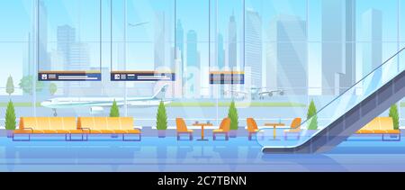 Illustration du vecteur de la salle d'attente de l'aéroport. Intérieur intérieur moderne et plat, chaises vides pour les passagers dans la salle d'attente des départs de la compagnie aérienne, fenêtre panoramique et arrière-plan de l'escalier roulant Illustration de Vecteur