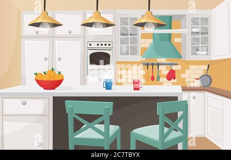 Intérieur de cuisine avec dessin animé classique. Atmosphère chaleureuse, mur décoré de briques, porte-armoire de forme mignonne, chaises en bois rugueux, mobilier, ustensiles de cuisine Illustration de Vecteur