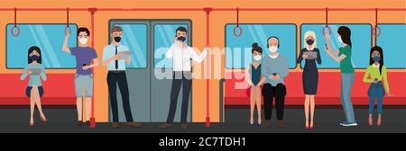 Personnes dans les masques médicaux dans le métro illustration de vecteur de caractère plat. Passagers hommes et femmes assis et debout dans le métro, regardez différents appareils électroniques, téléphones, tablettes Illustration de Vecteur