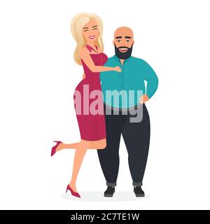 Illustration de vecteur plat de couple interracial étrange atypique. Belle blonde podium modèle femme sur les talons dans une robe élégante avec faible poids lourd bald barbu homme. Mariage inégal. Illustration de Vecteur