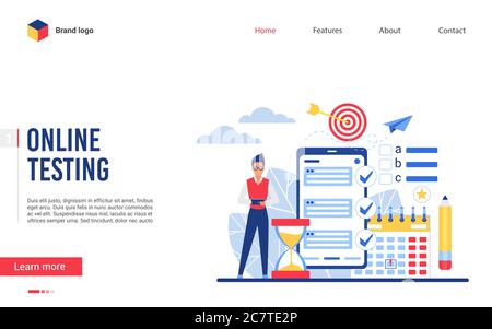 Illustration du vecteur de test d'examen en ligne. Dessin animé petit personnage d'homme plat utilisant l'application de smartphone pour les tests en ligne de formulaire d'enquête ou de liste de contrôle, concept fait le travail, la conception de l'interface d'éducation à distance site Web Illustration de Vecteur