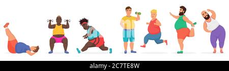 Drôle mignon chubby gros personnages homme ensemble faire des exercices d'entraînement de gym. Sport forme physique grandes personnes illustration vectorielle Illustration de Vecteur