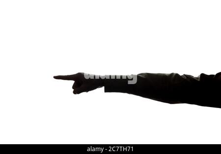 La main de l'homme pointe vers le côté avec l'index - silhouette Banque D'Images