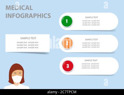 Infographies médicales montrant le médecin avec un masque médical et trois étiquettes horizontales blanches en papier prêtes pour votre texte. Illustration de Vecteur