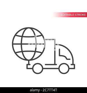 Camion ou camion avec icône de vecteur globe à lignes fines. Symbole de livraison rapide, expédition internationale. Contour, contour modifiable. Illustration de Vecteur