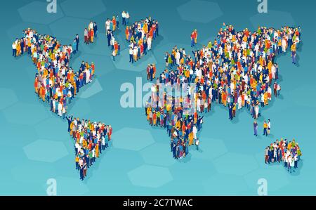 Vecteur d'un grand groupe de personnes diverses de différents pays se trouvant sur une carte du monde Illustration de Vecteur