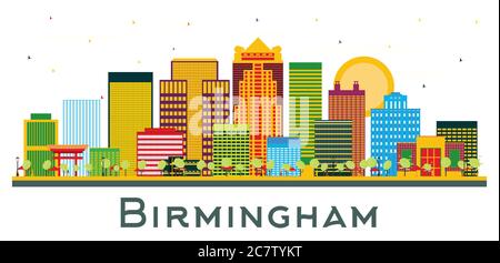 Birmingham Alabama City Skyline avec des bâtiments couleur isolés sur blanc. Illustration vectorielle. Concept de voyages d'affaires et de tourisme avec historique. Illustration de Vecteur