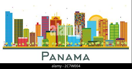 Vue panoramique de Panama City avec bâtiments couleur isolés sur blanc. Illustration vectorielle. Concept de voyage d'affaires et de tourisme avec architecture historique. Illustration de Vecteur