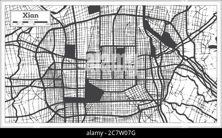 Carte de la ville de Xian China en noir et blanc en style rétro. Carte de contour. Illustration vectorielle. Illustration de Vecteur