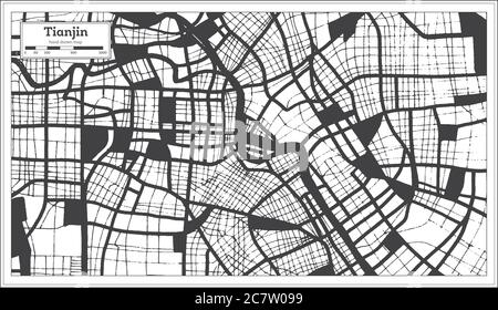 Tianjin China carte de la ville en noir et blanc en style rétro. Carte de contour. Illustration vectorielle. Illustration de Vecteur