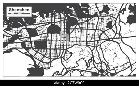 Shenzhen carte de la ville de Chine en noir et blanc couleur rétro. Carte de contour. Illustration vectorielle. Illustration de Vecteur