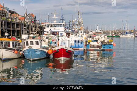 Le port de Scarborough. Les bateaux de pêche sont amarrés ensemble le long d'un quai. Leurs réflexions sont dans l'eau. Banque D'Images