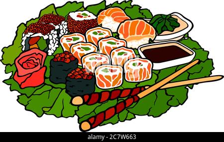 Magnifique sushi japonais avec des baguettes chinoises sur la feuille de laitue verte Illustration de Vecteur