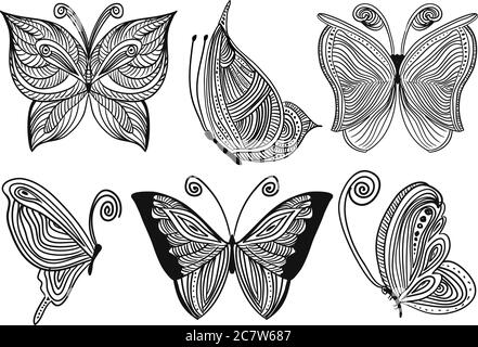 Ensemble de 6 croquis de papillons à colorier. Motif dessiné à la main. Motif pour la détente et la méditation, livre de coloriage. Vecteur Illustration de Vecteur